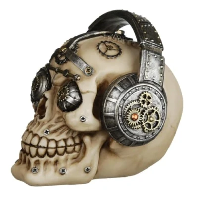 Image of Puckator Steampunk Style Skull With Headphones Home Decoration Ornaments Resin Accessories Living Room Human Skeleton Goth Gifts For Men