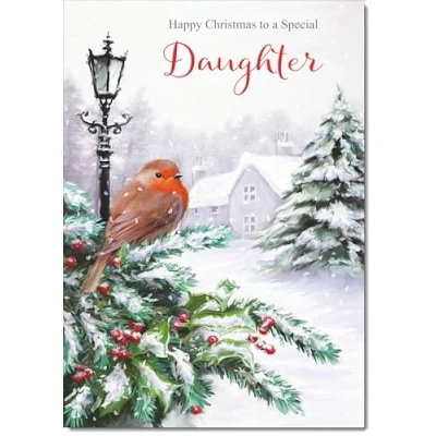 Image of doodlecards Daughter Christmas Card Robin by Lamp Large A4 Size for with Plain Envelope