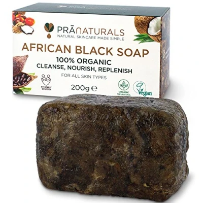 Image of PraNaturals 100% Organic Raw African Black Soap 200g, Ethically Sourced and Handcrafted in Ghana, For All Skin Types, Detoxifying Anti Ageing Pure Natural, Vegan, Unprocessed