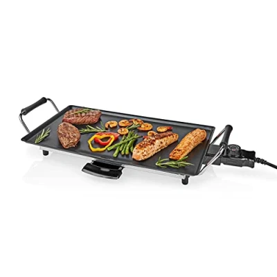 Image of Electric Teppanyaki Grill Plate, Large Non Stick Table Top Griddle with 47.5cm x 26.5cm Hot Adjustable Temperature Control and Drip Tray, 2000W Black