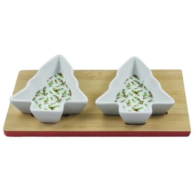 Image of Lesser &amp; Pavey Gift Item Serving Bowls Decorative Set in Christmas 2 Tree Shape Ceramic Snacks Dip Appetizer Olives Dishes on Tray Board
