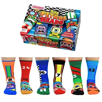 Image of United Oddsocks Petrol Heads Box of 6 Odd Socks for Men UK 11 EUR 39 46 US 7 12