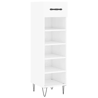 Image of vidaXL White High Gloss Shoe Cabinet Engineered Wood 1 Drawer and 5 Compartments Iron Feet Aluminium Alloy Handle 30x35x105 cm
