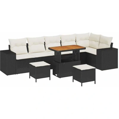 Image of vidaXL 9 Piece Garden Sofa Set with Cushions Black Poly Rattan Acacia