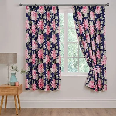 Image of Dreams &amp; Drapes And Design Kirsten Pair of Pencil Pleat Curtains With Tie Backs 66&quot; Width x 72&quot; Drop (168 183cm) in Pink/Blue