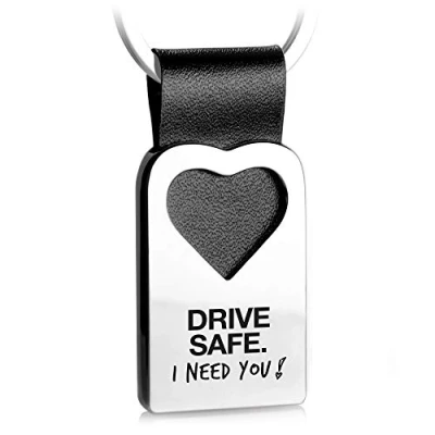 Image of FABACH Leather Heart Keychain Drive Safe I Need You! Romantic Gift for Partner or Family