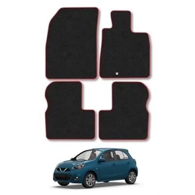 Image of Car Mats Compatible with Nissan Micra (2010 2017) Tailored Fit Red Trimmed Carpet Floor Mat Set Accessory Black Custom Fitted 4 Pieces Clips Anti Slip Backing &amp; Trim Edging