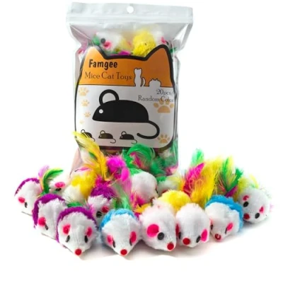 Image of Famgee 20 PCS Furry Cat Toys Squeak Mouse Rattle Mice Catcher Pet with Feather Tails (Random Color)