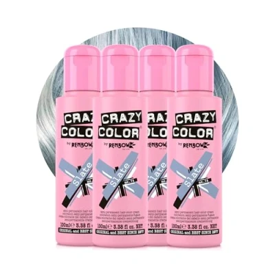 Image of Crazy Color Metallic Slate Semi Permanent 4 Pack Quad Hair Dye. Highly Pigmented Silver Blue Conditioning &amp; Oil Nourishing Vegan Formula No Bleach or Ammonia 400ml
