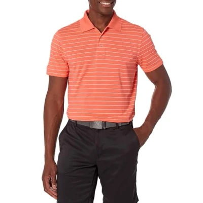Image of Amazon Essentials Men&#039;s Slim Fit Quick Dry Golf Polo Shirt, Coral Orange Stripes, S