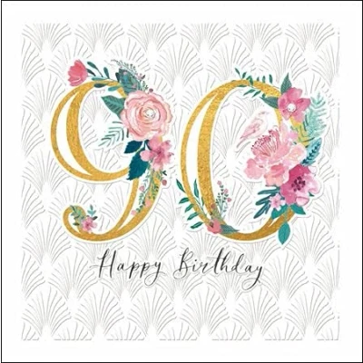 Image of Stunning Embellished Female 90th Birthday Card from The Espoir Range Pink Watercolour Flowers with an Exquisite Foil and Embossed Finish Greeting for Her (WDM 446955)