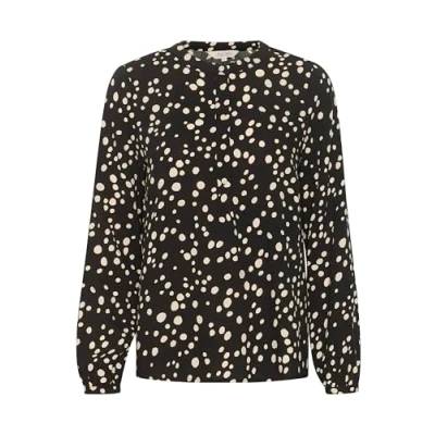 Image of Part Two Women&#039;s Blouse Band Collar Round Neck Relaxed Fit Long Sleeves, Black Dot Print, XXS