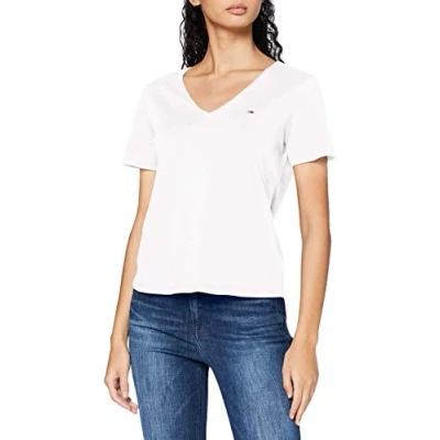 Image of Tommy Jeans Women&#039;s Tjw Slim Jersey V Neck T Shirt, White, S UK