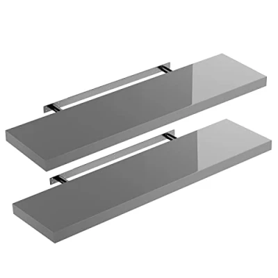 Image of CASARIA Set of 2 Floating Shelves w/Brackets 50 110cm 15kg Capacity Hidden Wall Fixing Kitchen Office Lounge Hallway Modern Decorative High Gloss Hanging Shelving Grey 90cm