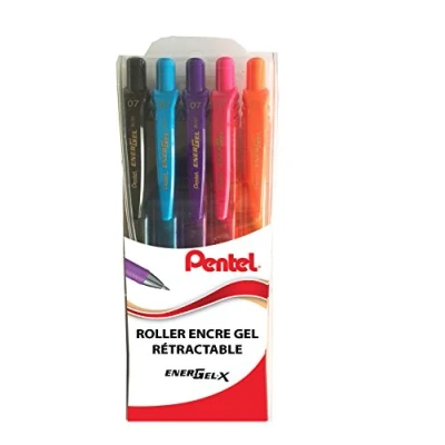 Image of Pentel EnergelX Retractable Gel Roller Pens, 0.7 mm Tip Pochette de 5 Noir/Turquoise/Bleu ciel/Rose/Violet