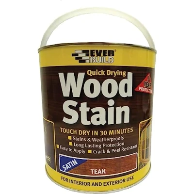 Image of Everbuild Satin Wood Stain Indoor And Outdoor Use Weatherproof UV Resistant Quick Drying Solvent Free Teak 2.5L