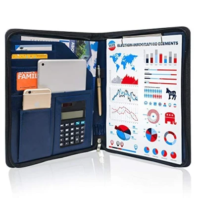 Image of GraduatePro A4 Clipboard Folder Leather Zipped Portfolio Conference Presenter Document with Tablet Business Waterproof Organizer Sleeves Blue