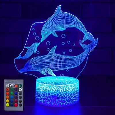 Image of HPBN8 Ltd 3D Dolphin Night Light Lamp Remote Control Touch Switch 7/16 Colors Changing USB Powered LED Decor Optical Illusion Xmas Brithday Room Decoration