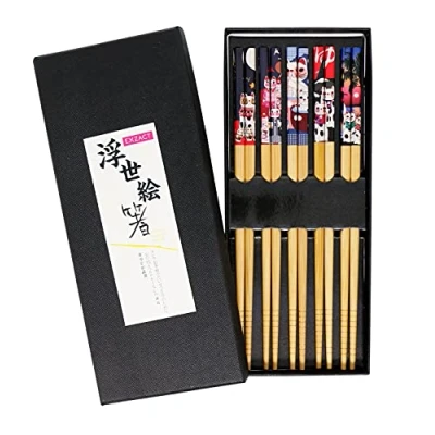 Image of Exzact Chopsticks Gift Box 5 Pairs of Reusable Bamboo in a Beautiful Black Handmade Japanese Lucky Cat/ Fortune Cat