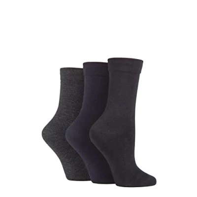 Image of SockShop Ladies Gentle Bamboo Socks with Smooth Toe Seams In Plains and Stripes Pack of 3 (Black/Navy/Grey, 4 8)