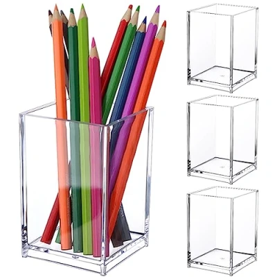 Image of 4 Pcs Acrylic Pen Holder Pot, Pencil Square Organizer Transparent Cup Clear Makeup Brush Storage Basket for School Home, Office Desk Accessory