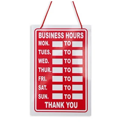 Image of 10 x Business Hours Sign Hanging Red High Contrast Opening Closing Times Shop Door Notice