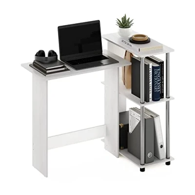Image of Furinno Corner Computer Desk with Bookshelf, Engineered Wood, White Oak/Stainless Steel, 59.99 (D) x 96.9 (W) 84.99 (H) cm