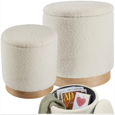 Image of TecTake® Set of 2 Bouclé Stools in Scandi Style with Storage Spaces, Removable Lids, Soft Padding, Robust MDF Frames &amp; Solid Bases, No Assembly Stool for Bedroom, Living Room Hallway