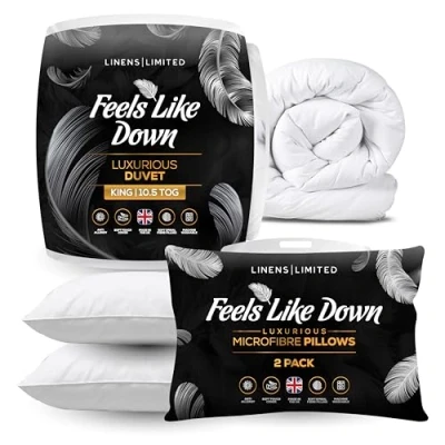 Image of Linens Limited King Size Duvet 10.5 Tog and Soft Pillows 2 Pack, Made in the UK, Hotel Quality, Feels Like Down, Luxurious Warm Bounce Back Pillows, Machine Washable (White)