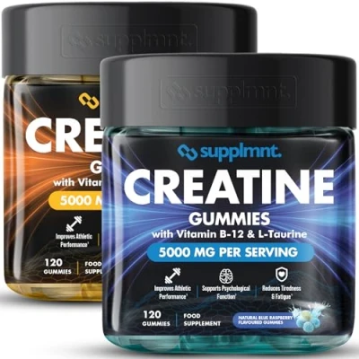 Image of Creatine 120 Gummies Max 5000mg for Men &amp; Women Monohydrate Plus B12 and L Taurine Chewable Gummies, 2 x 1 Month Supply (Dual Pack, Pineapple Blue Raspberry)