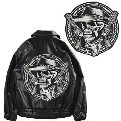 Image of EMDOMO Embroidery Large Skull Guns Patches for Back Jacket Motorcycle Punk Rider Decoration Badge Iron on Stickers 1 piece