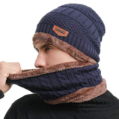 Image of Thenice Men Knitted Beanie Hat and Scarf Winter Gift Set (Navy Blue)(Size: One size)