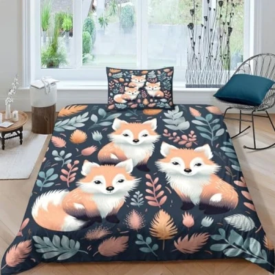 Image of Cartoon Fox 3D Printed Bedding Set with Pillowcase,wildlife Duvet Cover Zipper Closure,Soft Microfiber Quilt Single（135x200cm）