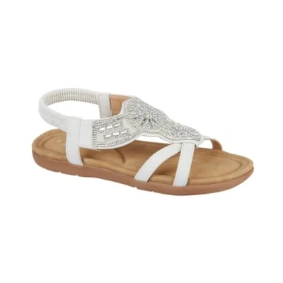 Image of Jo &amp; Joe Ladies Faux Leather Open Toe Sling Back T Bar Diamante Gem Stone Flat Gladiator Summer Sandals (White Aztec, UK Footwear Size System, Adult, Women, Numeric, Medium, 4)