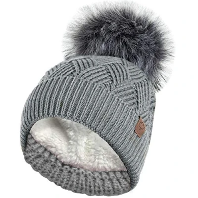 Image of RockJock Ladies Warm Chunky Diamond Cable Knit Hat with Thermal Teddy Fleece Lining and Detachable Faux Fur Pompom Grey