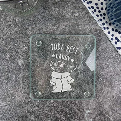 Image of eBuyGB Personalised Square Glass Coaster, Engraved Baby Yoda Star Wars Themed Drinks Mat, Funny Gifts for Daddy from Daughter, Son (Yoda Best Daddy)