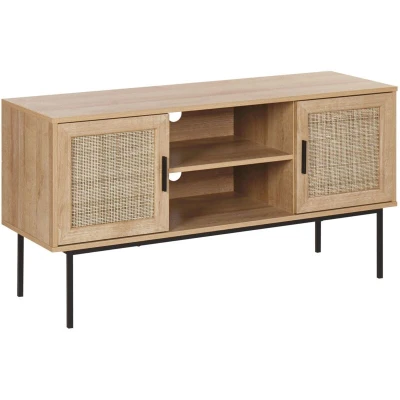 Image of Rattan 2 Door TV Stand Wicker Front 120 x 63 cm Metal Legs Light Wood Boho Pasco