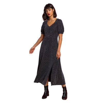 Image of Roman Originals Floral Print Dress for Women UK Ladies Sweetheart Neck Ruched Midi Maxi Long Length Short Sleeve Flattering Casual Summer Spring Party Evening Going Out Multi Size 10