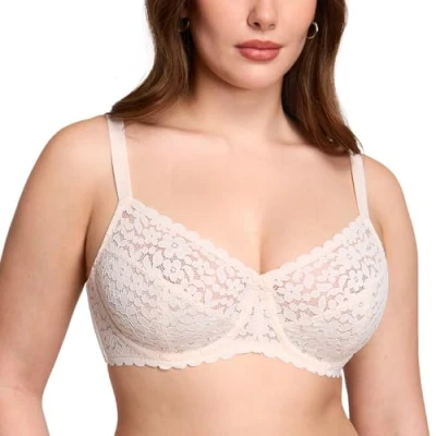 Image of DOBREVA Women&#039;s Unlined Lace Minimizer Bra Plus Size Underwire Full Coverage Rose White 36C