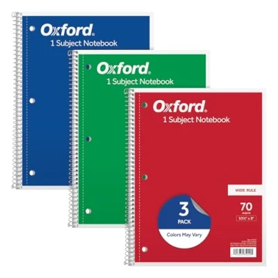 Image of Oxford 1 Subject Notebooks, 8&quot; x 10 1/2&quot;, Wide Rule, 70 Sheets, 3 Pack, Color Assortment May Vary (65029)