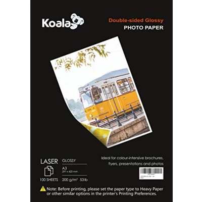 Image of KOALA Double Sided Glossy Laser Photo Paper A3, 200gsm, 100 Sheets. Suitable for Printer, Printing Photos, Brochures, Covers, Certificates, Booklets, Flyers, Leaflets, Cards, Calendars