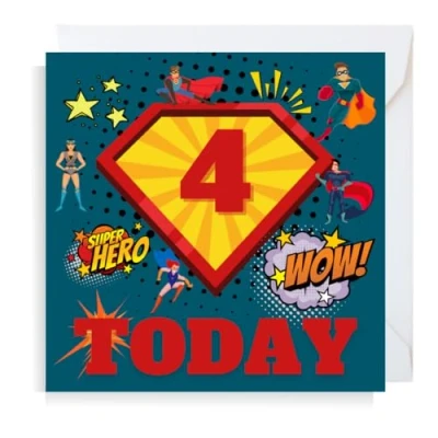 Image of Second Ave Superhero 4th Birthday Age 4 Square Children&#039;s Kids Greeting Card for Boy or Girl