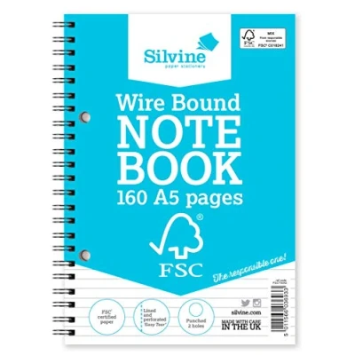 Image of Silvine a5 Everyday FSC Twin Wire Notebook Ruled 8mm Feint, 160 pages of Certified Paper. Ref FSCTWA5 [Pack 5], wirebound