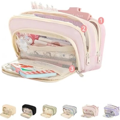Image of Big Capacity Pencil Case, 3 Compartments Large Pouch, Simple Holder Pouch Organizer Pen Cases, Bag Box (Pink)