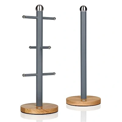 Image of Swan Nordic Slate Grey Kitchen Accessory Set with Mug Tree and Towel Pole, Bamboo Bases, Easy Storage, Soft Matte Finish, STP1012GRYN