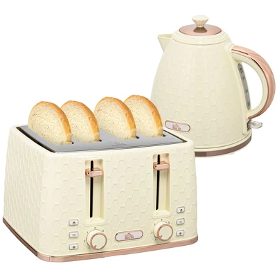 Image of HOMCOM Kettle and Toaster Set, 1.7L 3000W Fast Boil Jug with Auto Shut Off, 4 Slice 7 Level Browning Controls &amp; Crumb Tray, Beige