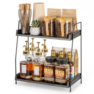 Image of ANBOXIT Coffee Station Organizer for Countertop, Bar Accessories and Organizer, Wooden Kitchen Counter Shelf, 2 Tier Condiment Storage, Caddy Kitchen, Home, Office Brown