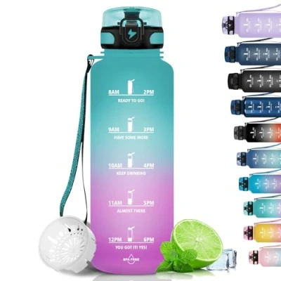 Image of Grsta Drinking Bottle 1.5 L Sports Water Bottle, BPA Free, Suitable for Carbonated Drinks, Leak Proof, with Filter and Time Marking Fitness, School, Office Outdoor Use
