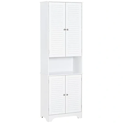 Image of HOMCOM Tall Freestanding Bathroom Cabinet Retro Shutters w/ 3 Compartments Shelves Elevated Base Narrow Organiser White 60L x 30W 182.5H cm