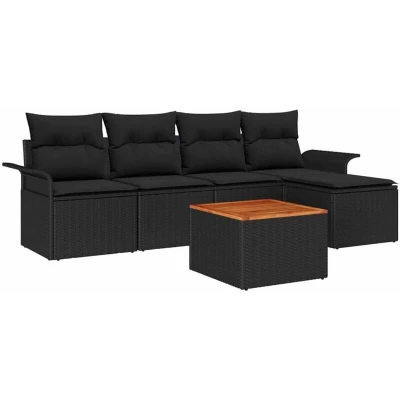 Image of vidaXL 6 Piece Garden Sofa Set with Cushions Black Poly Rattan Acacia